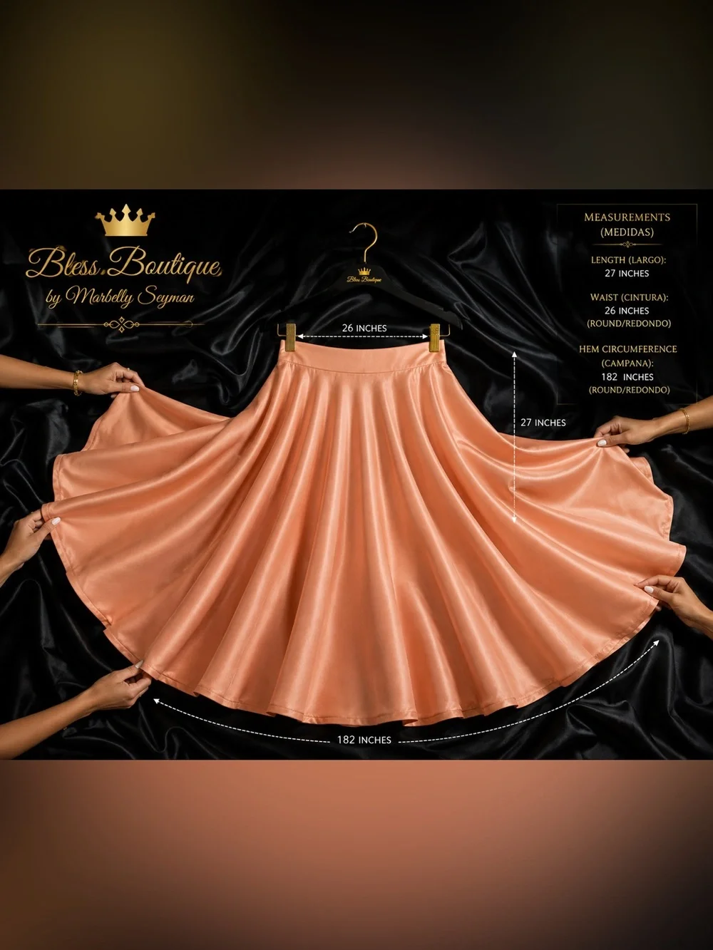 Hot Miami Styles Peach Satin Full Circle Skirt Tulle Lined 182” Sweep S